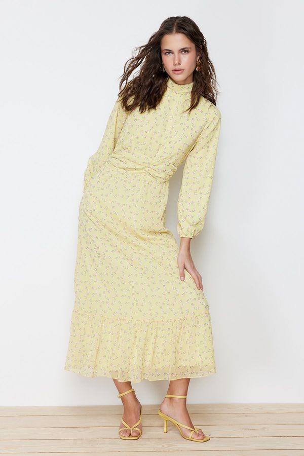 Trendyol Trendyol Yellow Floral High Neck Waist Detailed Lined Chiffon Woven Dress