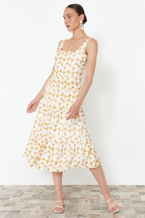 Trendyol Trendyol Yellow Waist Midi Woven Floral Embroidery Dress