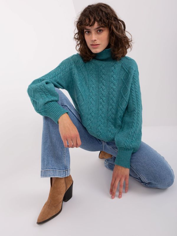 Fashionhunters Turquoise cable knit turtleneck sweater