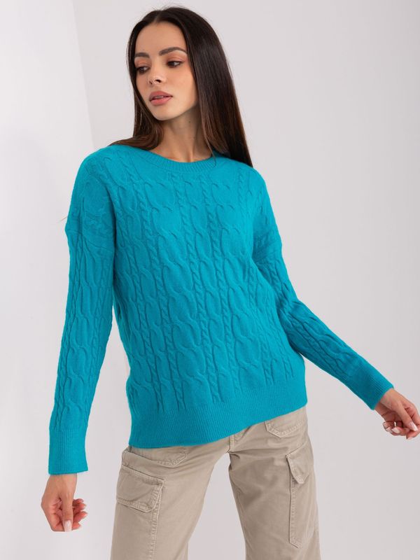 Fashionhunters Turquoise sweater with cables and cuffs