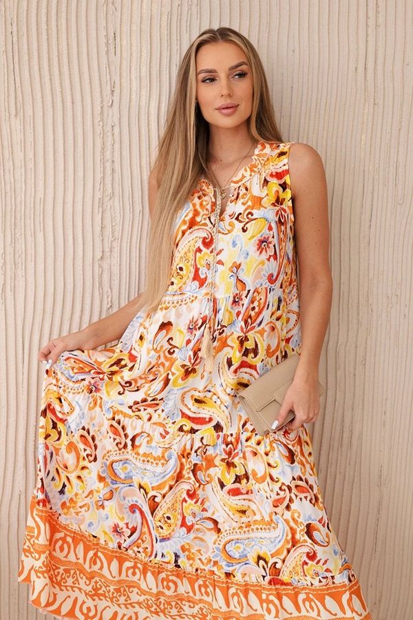 Kesi Viscose dress with a floral motif and a tied neckline in orange