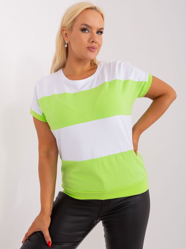 Fashionhunters White and light green basic plus size ribbed blouse