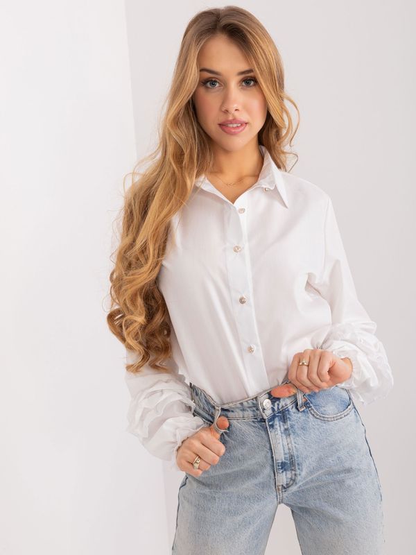 Fashionhunters White classic shirt with ruffles on the sleeves