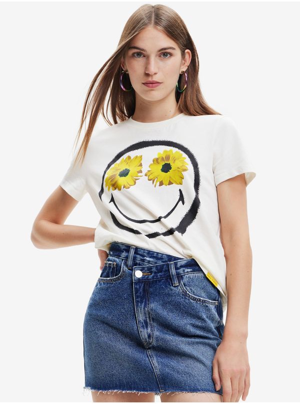 DESIGUAL White Desigual Margarita Smiley T-Shirt - Women