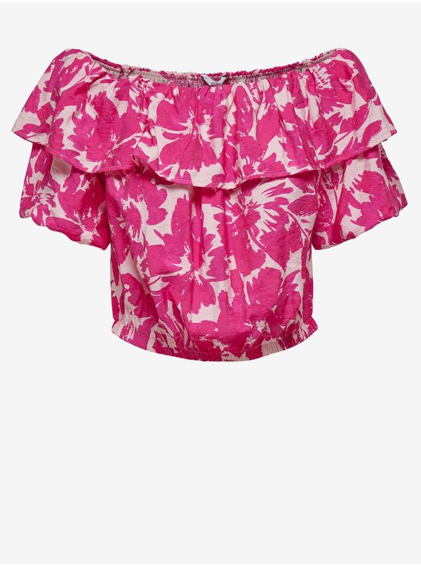 Only White-pink floral cropped blouse with ruffle ONLY Petra - Ladies