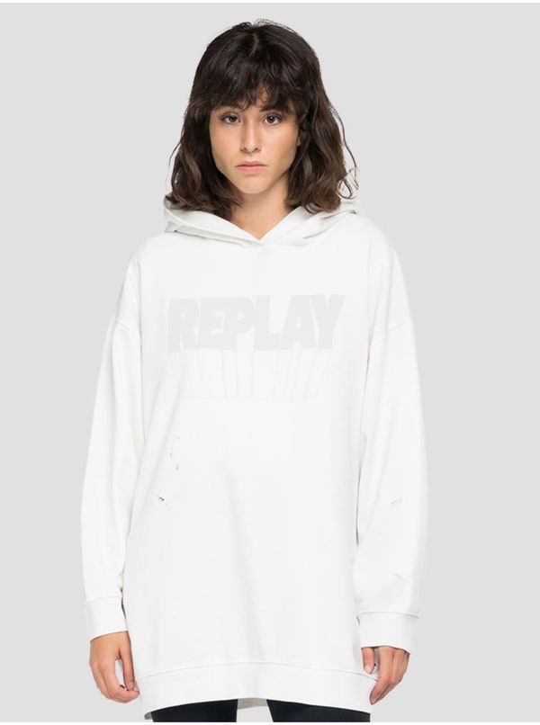 Replay White Women's Oversize Sweatshirt with Torn Replay Effect - Women