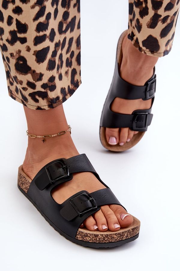 Kesi Women's cork platform slippers with buckles, black Klinesta