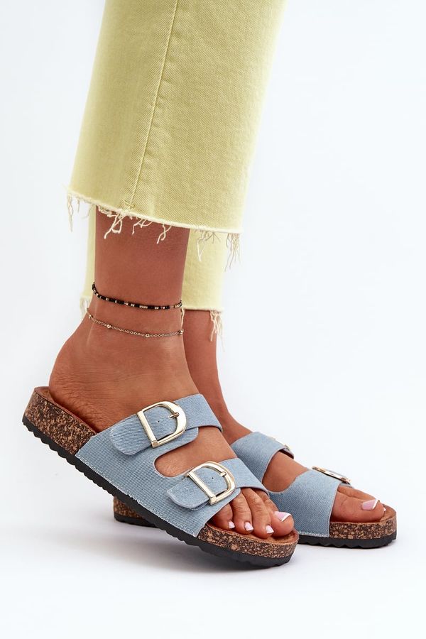 Kesi Women's denim slippers on a cork platform with straps, blue Doretta