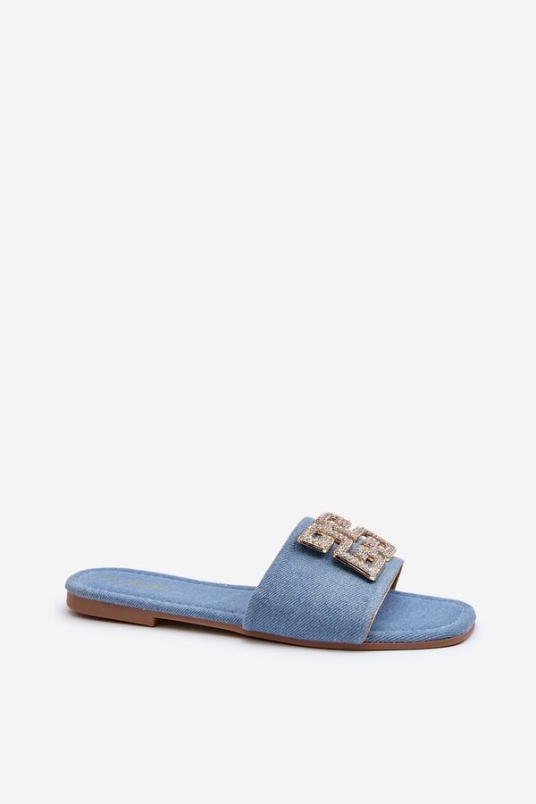 Kesi Women's denim slippers with flat heels and embellishments, blue Inaile