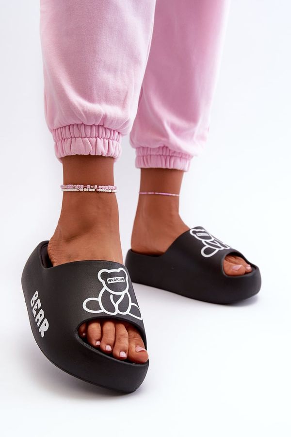 Kesi Women's foam slippers with a solid sole with a teddy bear, Black Lamira