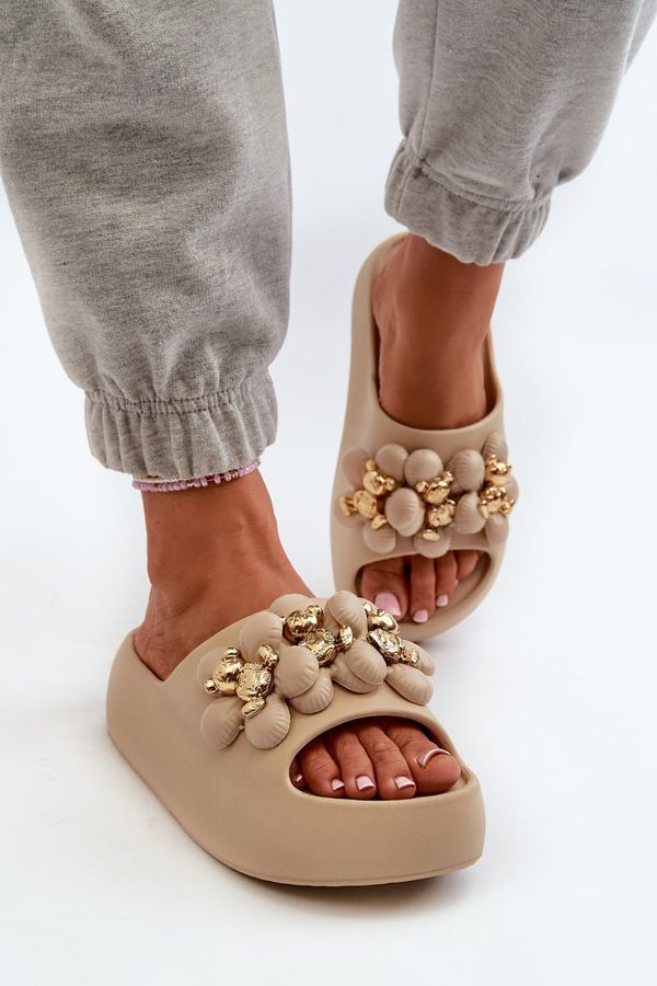 Kesi Women's foam slippers with embellishments on a thick sole, dark beige Bremavia