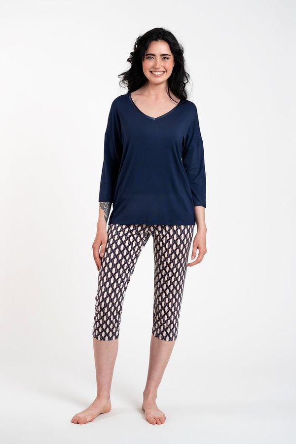 Italian Fashion Women's pyjamas Milda, 3/4 sleeve, 3/4 leg - navy blue/print