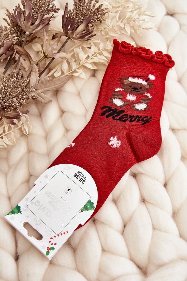 Kesi Women's shiny Christmas socks with red teddy bear