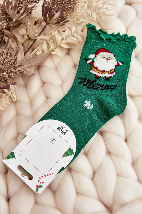 Kesi Women's shiny Christmas socks with Santa Claus, green