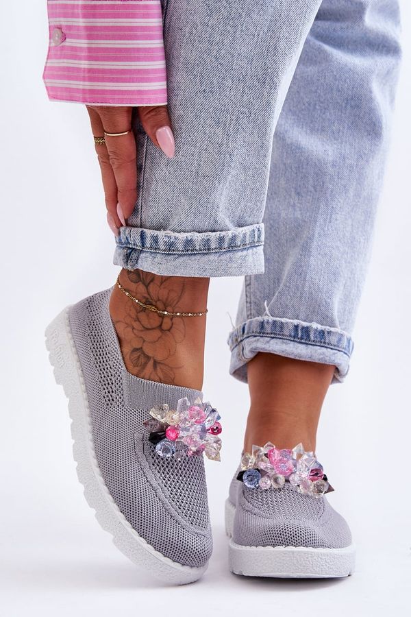 Kesi Womens Slip-on Sneakers with Stones Grey Simple