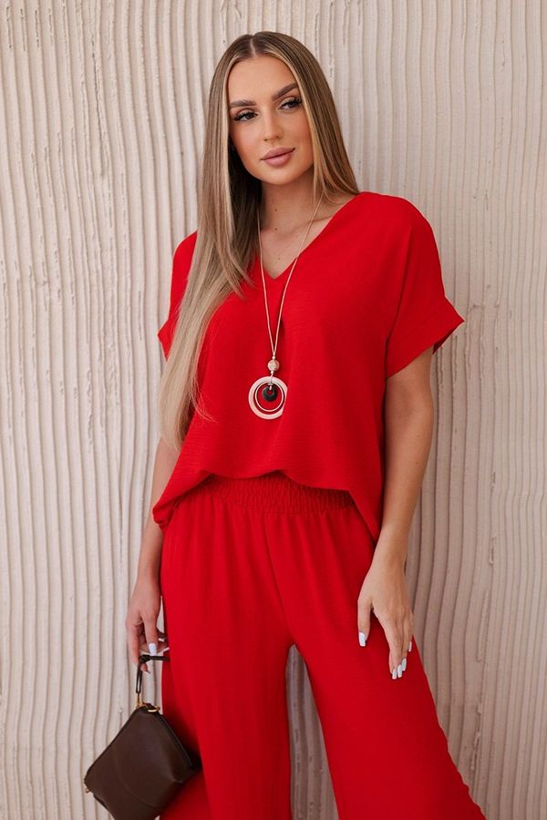 Kesi Women's summer set with necklace, blouse + trousers - red