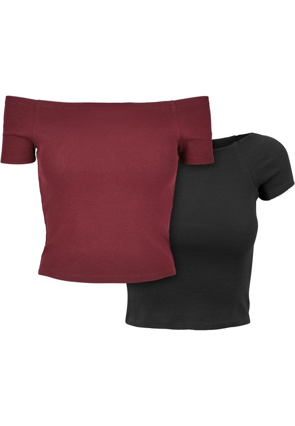 UC Ladies Women's T-Shirt Off Shoulder Rib Tee 2-Pack Redburgundy+Black