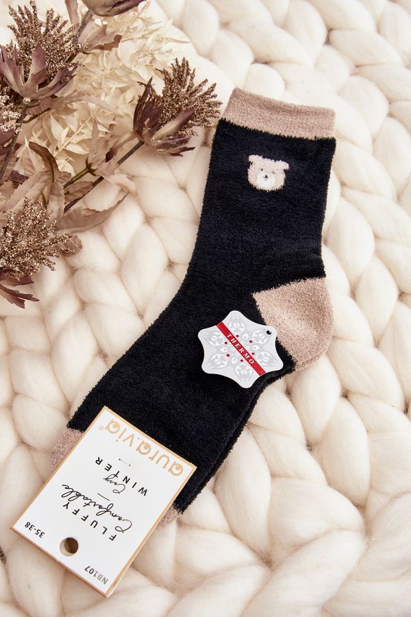 Kesi Women's warm socks with teddy bear, black
