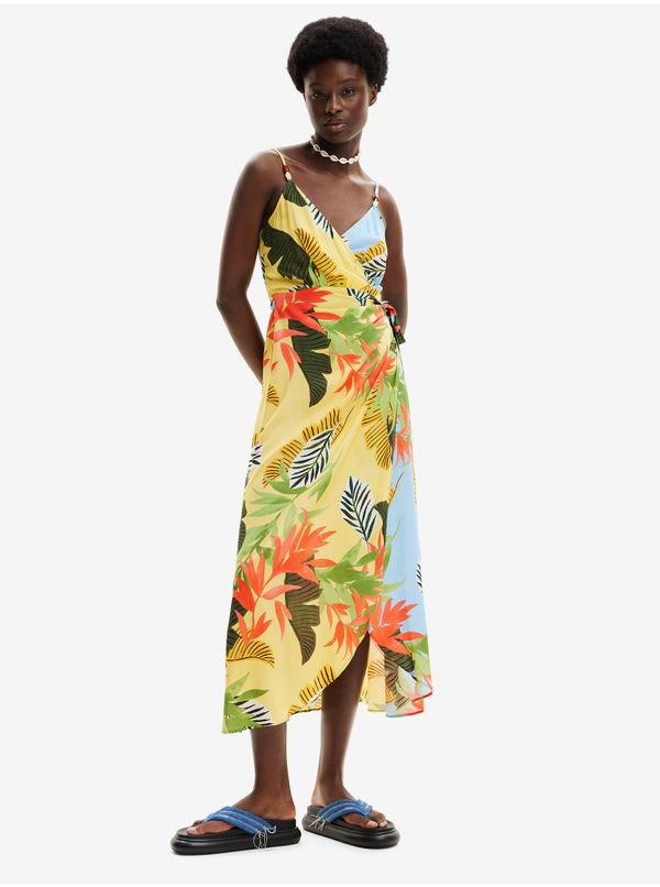 DESIGUAL Women's Yellow Wrap Beach Maxi Dress Desigual Tropical Leaves - Women