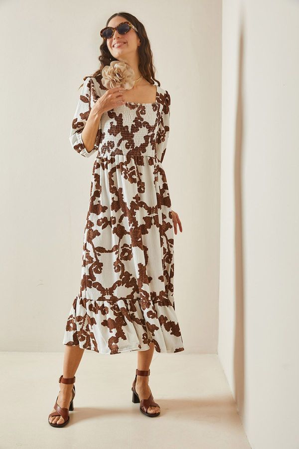 XHAN XHAN Brown Patterned Gype Detailed Knitted Dress with Frilly Hem