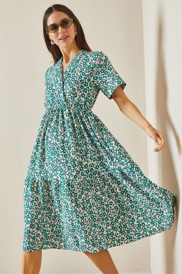 XHAN XHAN Green Floral Patterned Double Breasted Neck Knitted Dress