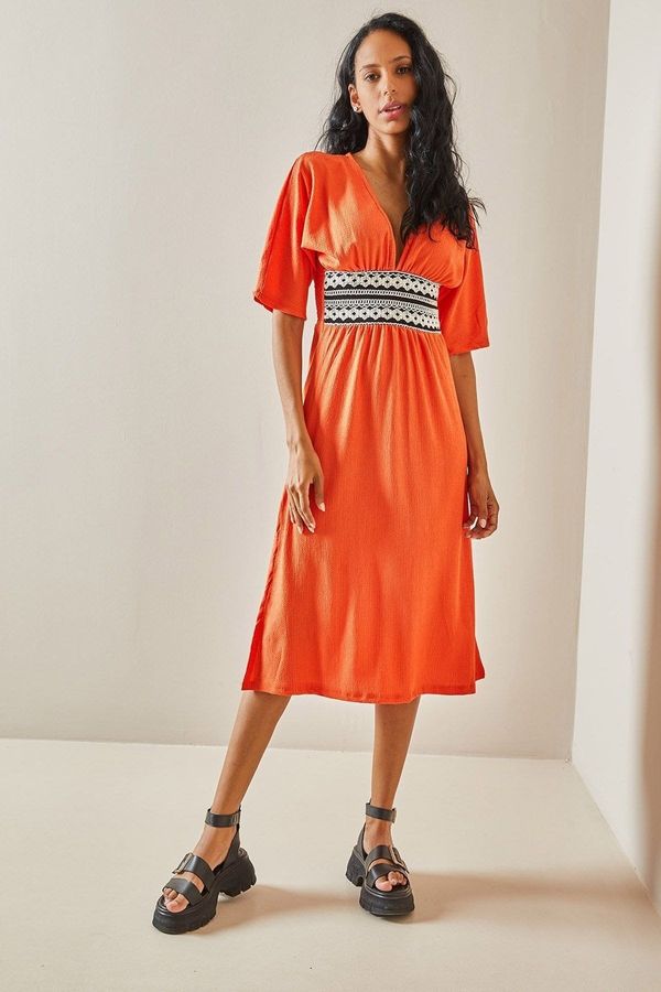 XHAN XHAN Orange Textured Belt Detailed Dress