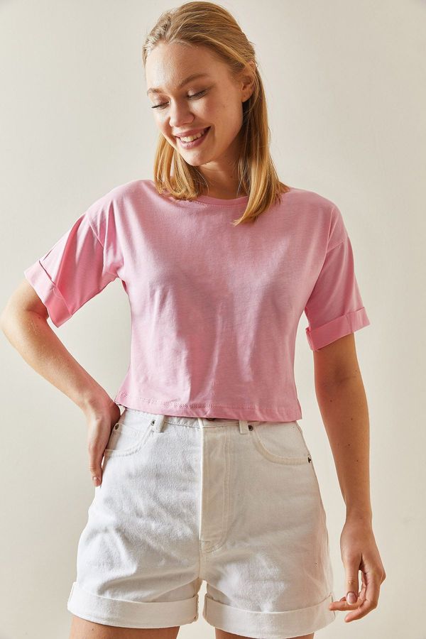 XHAN XHAN Pink Crew Neck Oversize Sleeves Tiered Crop T-Shirt 4KXK1-47900-20