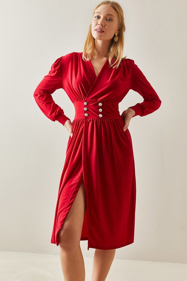 XHAN XHAN Red Double Breasted Neck Slit and Buttoned Midi Dress