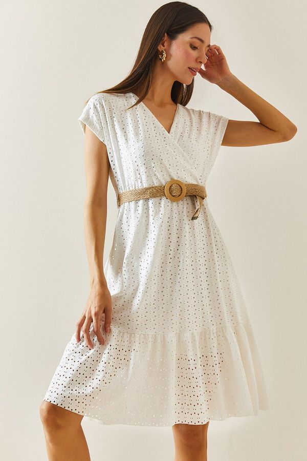 XHAN XHAN White Double Breasted Neck Scalloped Belted Dress