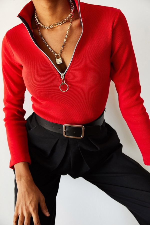 XHAN XHAN Women's Red Camisole Zipper Blouse