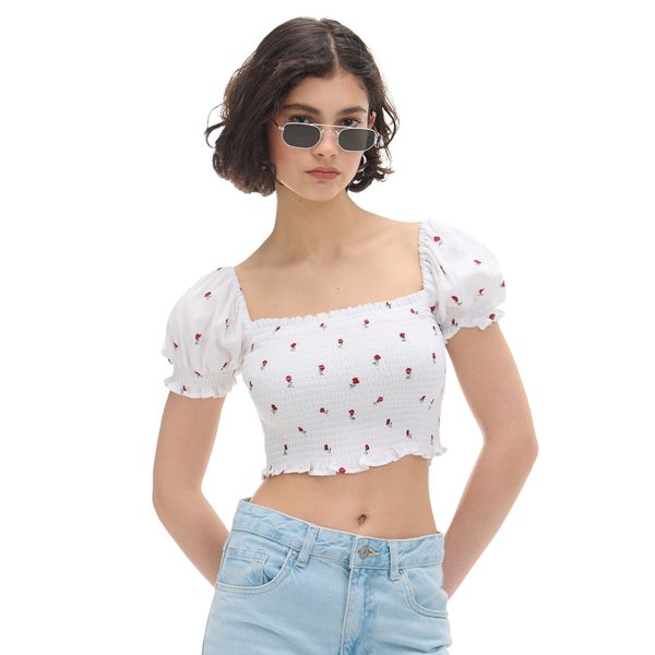 Cropp Cropp - Bela dukserica crop top sa cvetićima - white