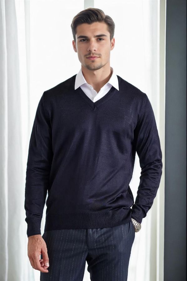 dewberry 38804 Dewberry Mens V Neck Knit Sweater-NAVY BLUE