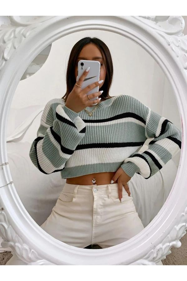 dewberry 49425 Dewberry Striped Knit Crop Women Sweater-LIGHT GREEN