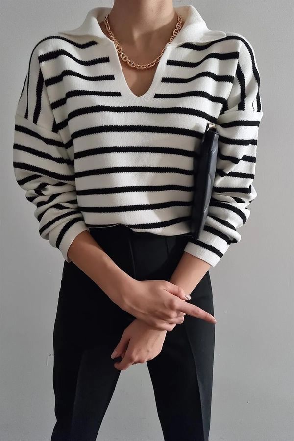 dewberry 51782 Dewberry Polo Neck Striped Long Sleeve Sweater-WHITE-BLACK