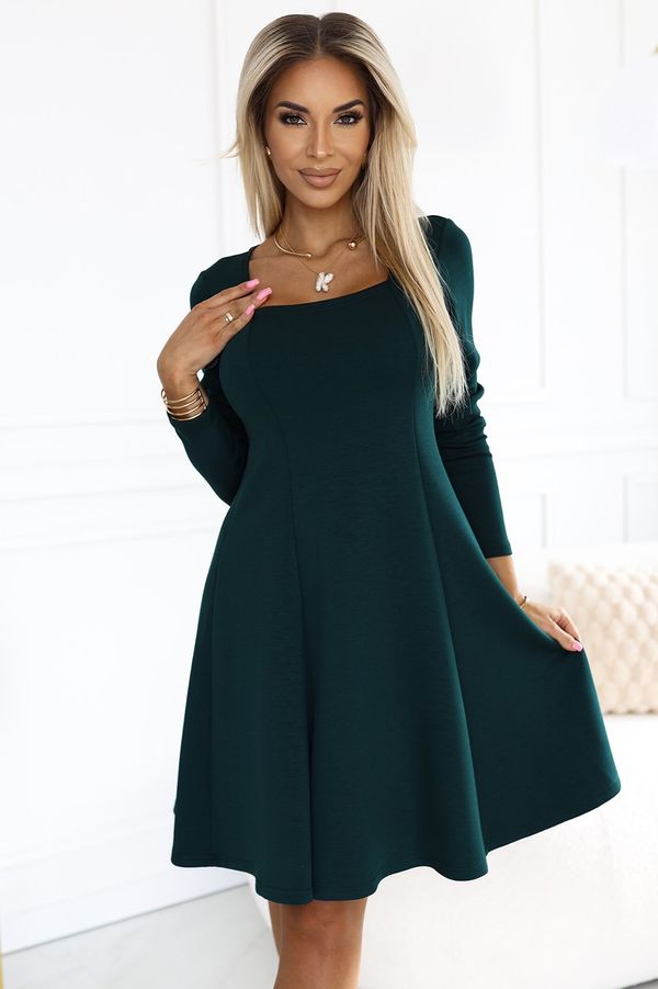 NUMOCO 574-1 IVANA Comfortable Trapeze Dress with Neckline and Long Sleeves - BOTTLE GREEN