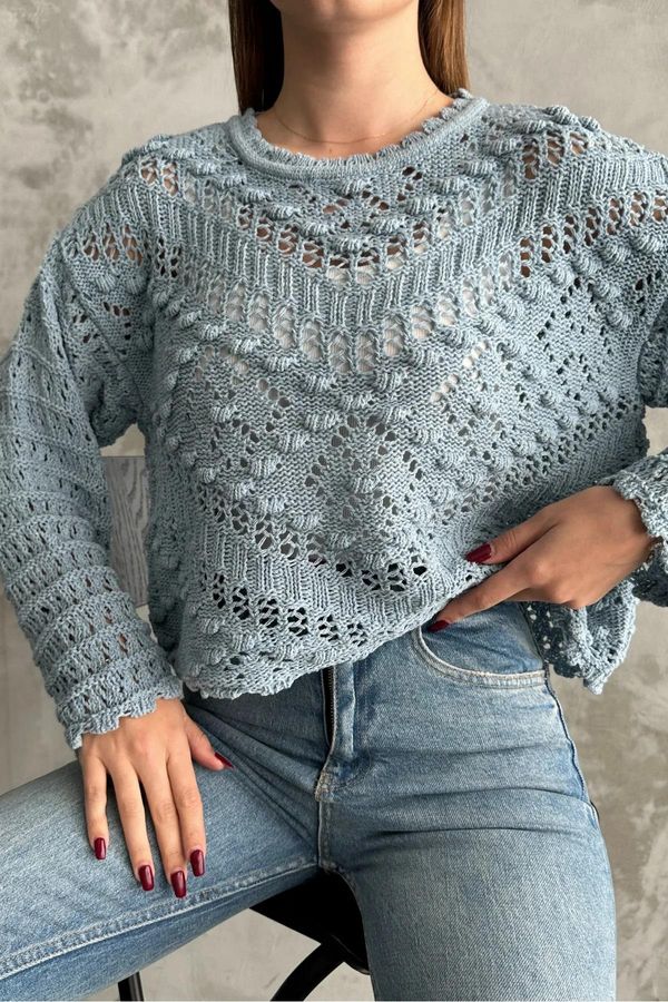 dewberry 69491 Dewberry Patterned Openwork Knitwear Womens Sweater-BEBE BLUE