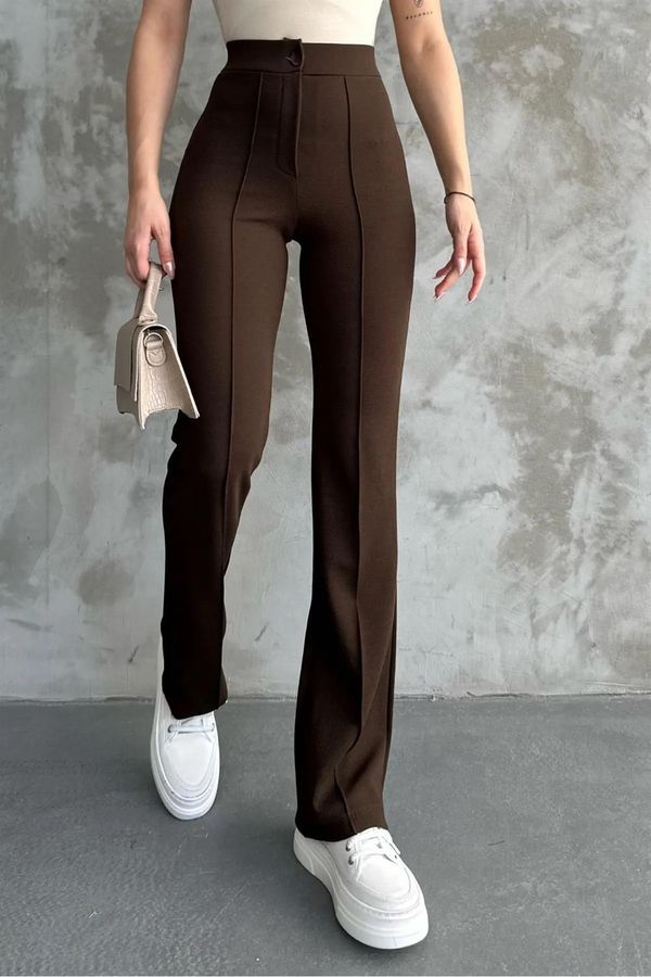 dewberry 80272 Dewbery High Waist Slim Fit Wide Leg Pants-BROWN