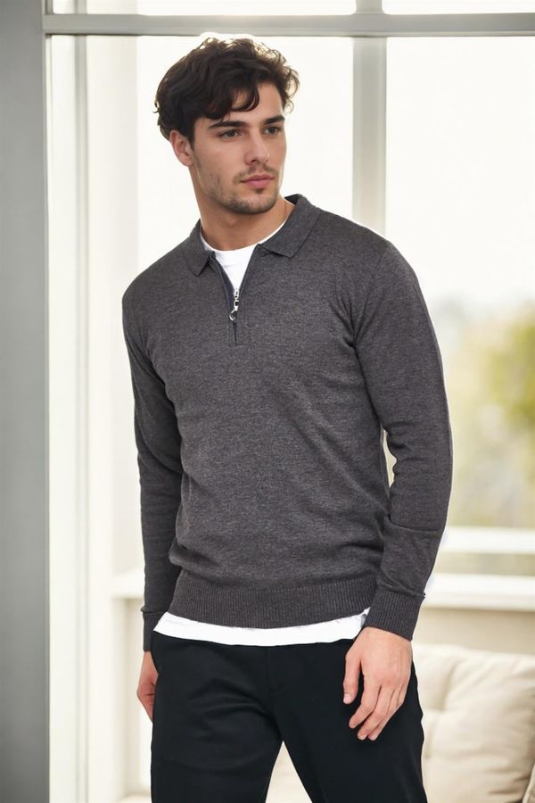 dewberry 82155 Dewberry Polo Neck Half Zipper Slim Fit Mens Sweater-GREY