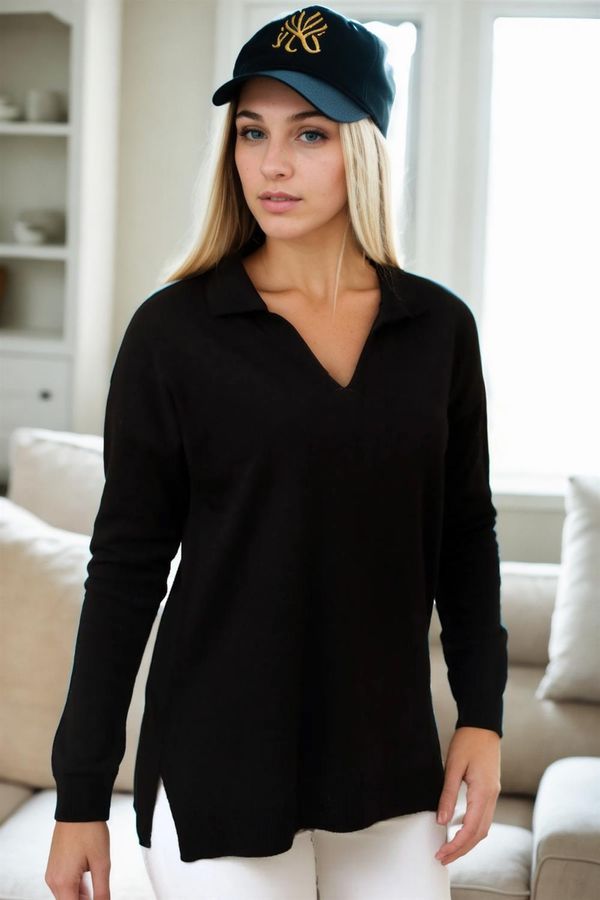 dewberry 83295 Dewberry Polo Neck Long Sleeve Slit Sweater-BLACK