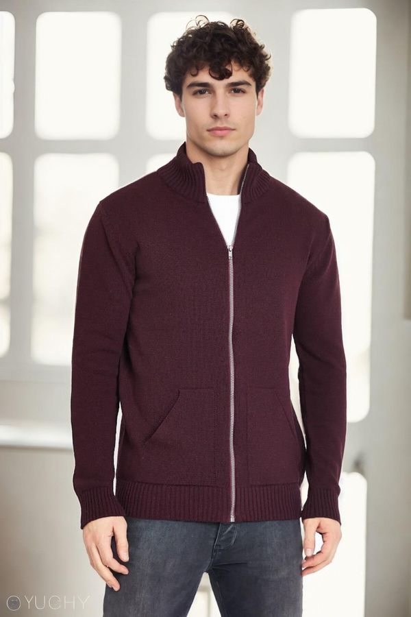 dewberry 83582 Dewberry Zippered Knitwear Mens Cardigan with Pocket-BORDO