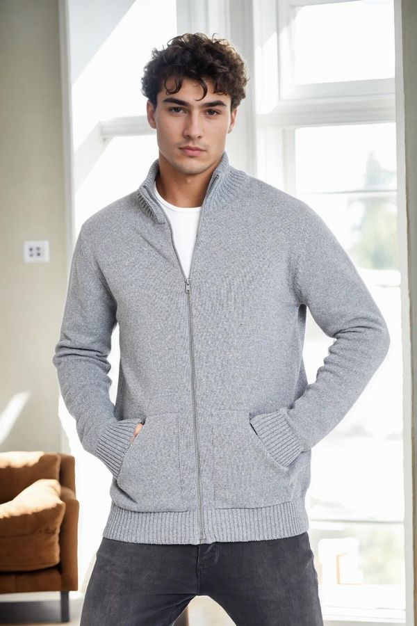 dewberry 83582 Dewberry Zippered Knitwear Mens Cardigan with Pocket-DARK GREY