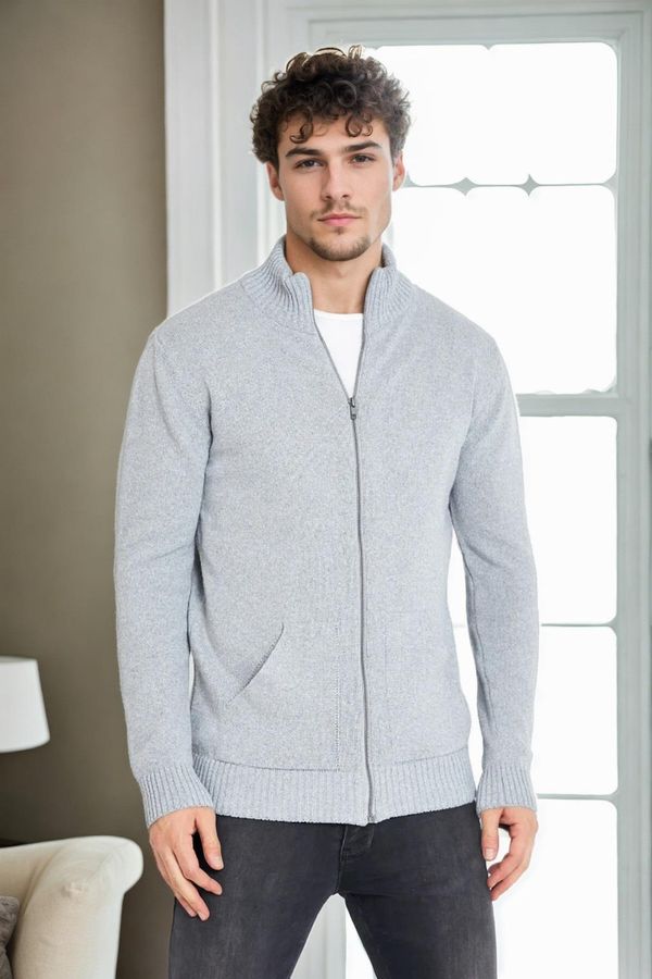 dewberry 83582 Dewberry Zippered Knitwear Mens Cardigan with Pocket-LIGHT GREY