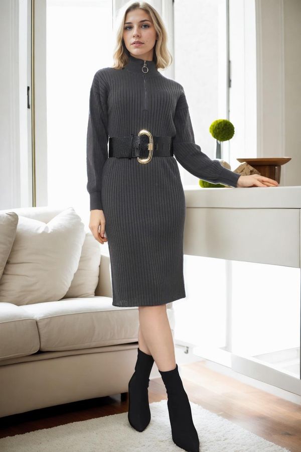 dewberry 92522 Dewberry Long Knit Women Dress (Belt Not Included)-ANTHRACITE