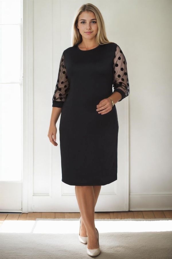 dewberry 97062 Dewberry Polka Dot Flocked on Sleeves Plus Size Dress-BLACK