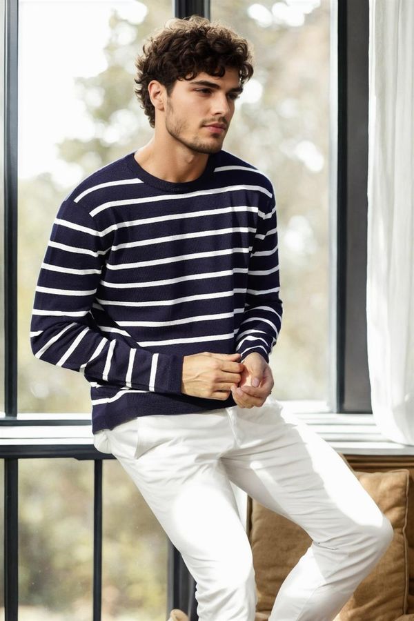 dewberry 99741 Dewberry Crew Neck Striped Casual Knitwear Sweater-NAVY BLUE