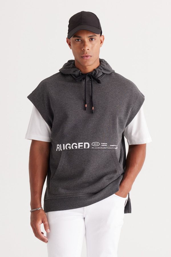AC&Co / Altınyıldız Classics AC&Co / Altınyıldız Classics Men's Anthracite-melange Oversize Loose Fit 3 Thread Hooded Printed Sweatshirt