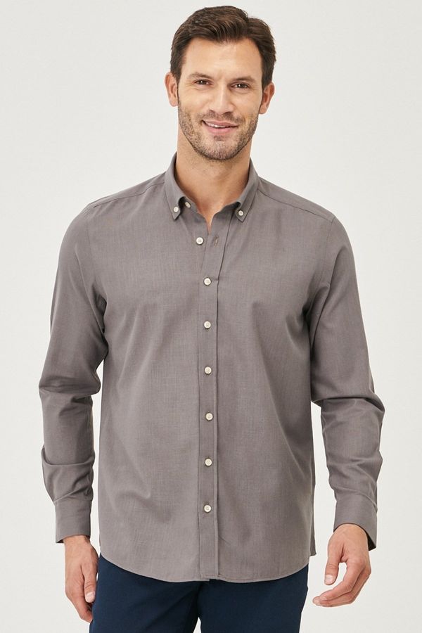 AC&Co / Altınyıldız Classics AC&Co / Altınyıldız Classics Men's Anthracite Tailored Slim Fit Buttoned Collar Linen Look 100% Cotton Flamed Shirt