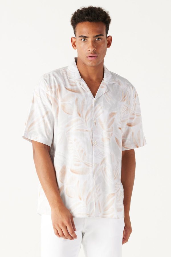 AC&Co / Altınyıldız Classics AC&Co / Altınyıldız Classics Men's Beige-brown Oversized Loose Cut Cuban Collar 100% Cotton Printed Short Sleeve Shirt.