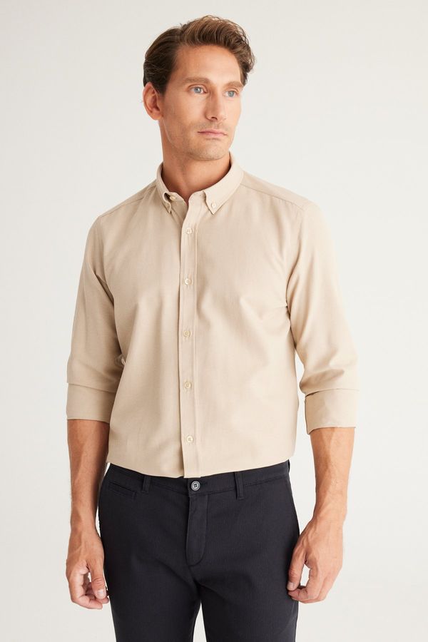 AC&Co / Altınyıldız Classics AC&Co / Altınyıldız Classics Men's Beige Buttoned Collar Easy to Iron Cotton Slim Fit Slim Fit Oxford Shirt