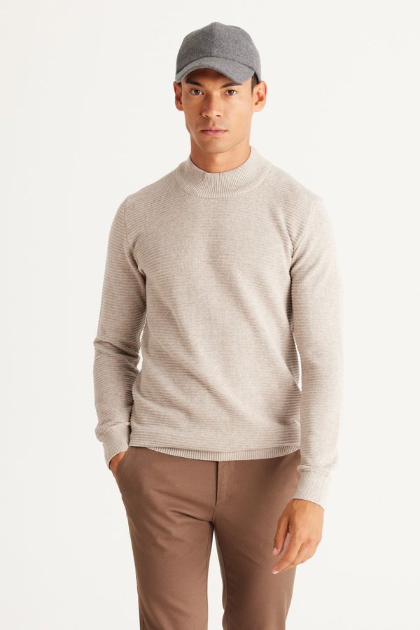 AC&Co / Altınyıldız Classics AC&Co / Altınyıldız Classics Men's Beige Melange Standard Fit Half Turtleneck Cotton Patterned Knitwear Sweater